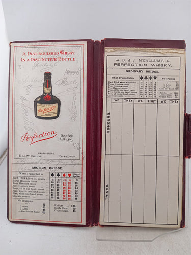 Bridge score pad with the compliments of D & J Mcallum's whisky by Bridge
