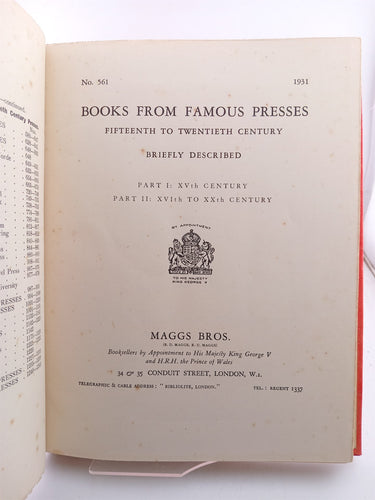 Books from Famous Presses: Fifteenth to Twentieth Century (No 561) by Maggs Bros
